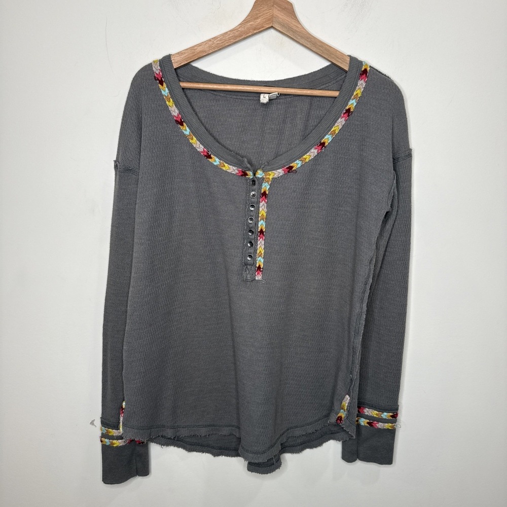 We the Free People Waffle Knit Thermal Henley Top Embroider Boho Rainbow Women L